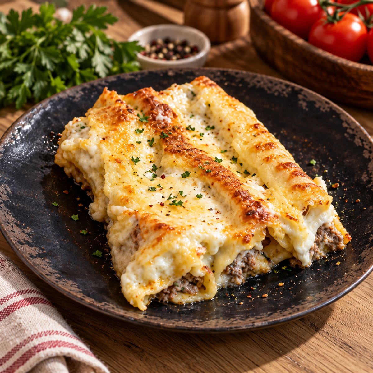 Каннелони с фаршем и грибами